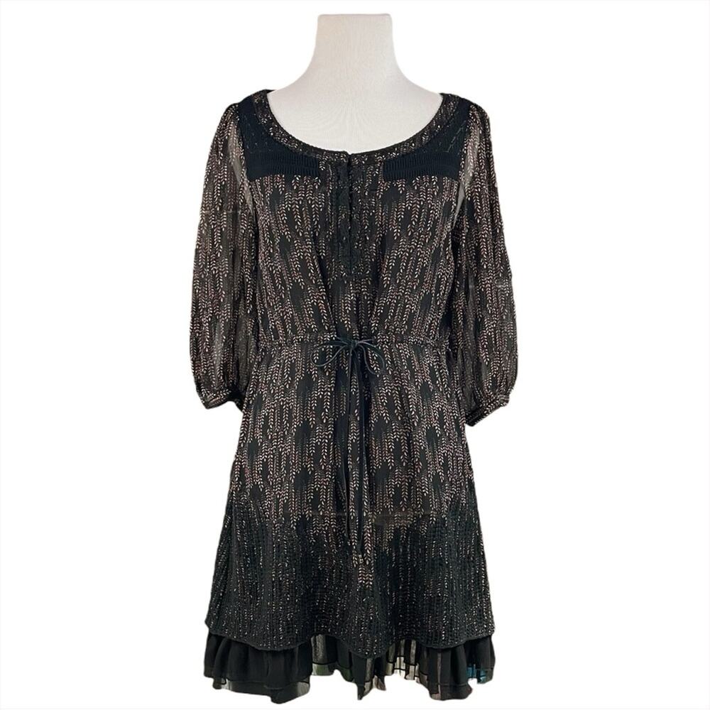 FREE PEOPLE Floral Vines Black Crochet-Trim Ruffle Hem Whimsygoth Dress Size XS